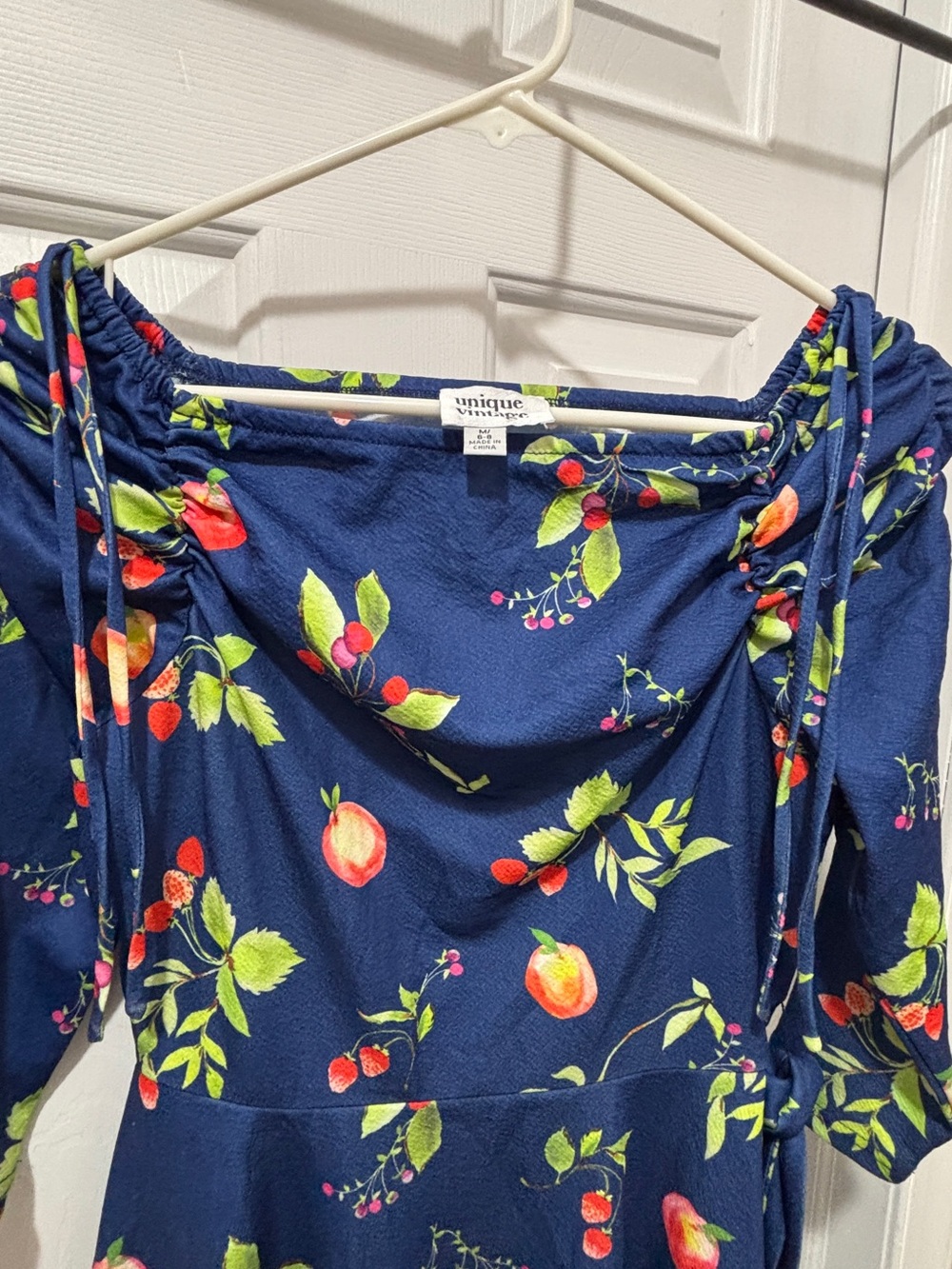 Unique Vintage Navy Fruit-Print Peasant Blouse